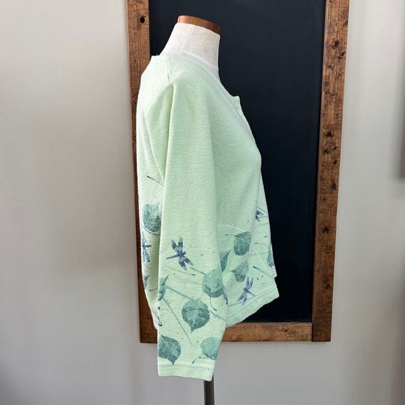 Vintage Art to Wear Dragonfly Cardigan S Sage Green Botanical Print Nature Retro - Picture 9 of 10